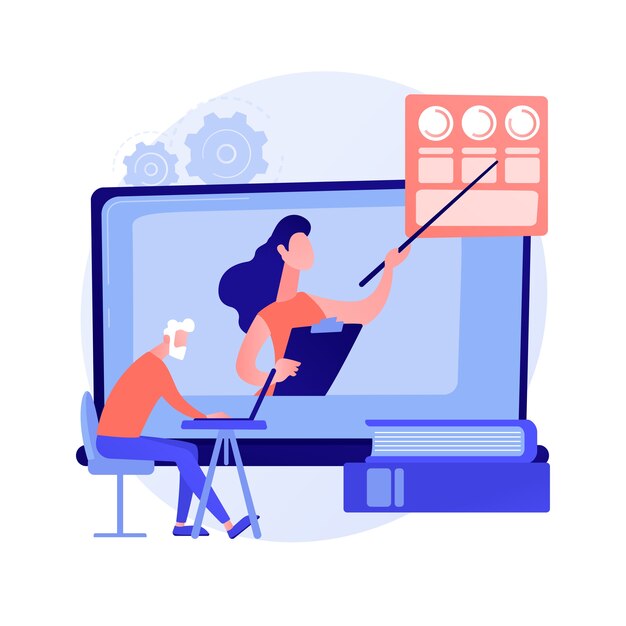 Educación para personas mayores. Senior pareja de personas viendo cursos en línea en una computadora portátil, obteniendo un título académico. Webinar, seminario de Internet. Ilustración de metáfora de concepto aislado de vector