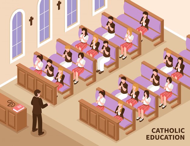 La educación religiosa católica, el sacerdote y los niños durante la oración en la iglesia isométrica ilustración