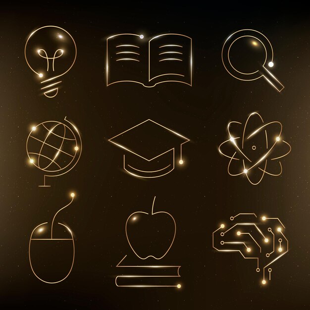 Educación, tecnología, oro, iconos, vector, digital, y, ciencia, gráfico, colección