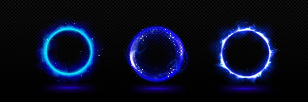 Efecto de brillo de luz mágica de neón azul 3D en el portal del círculo llamarada de energía de anillo vectorial abstracto teletransporte aislado marco eléctrico radial con chispa y vapor misterioso fuego circular luminoso con humo
