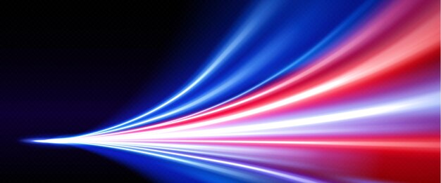 Efecto de desenfoque y resplandor de las luces cuando se corre a alta velocidad Rosa y azul brillante rastro dinámico de movimiento de llamarada rápida Ilustración vectorial realista de la conducción de flash de energía sobre fondo negro