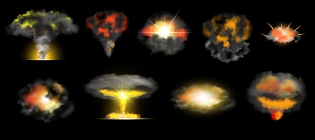Efecto de explosión de bomba nuclear con conjunto realista de humo y llama aislado en ilustración de vector de fondo negro