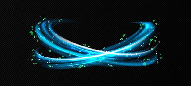 Efecto de frescura remolino de aire azul con hojas verdes