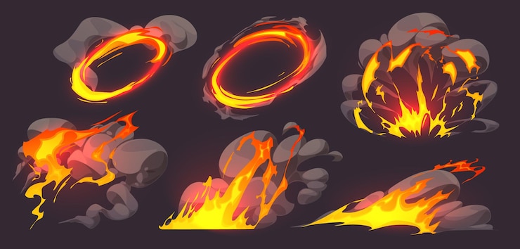 Vector gratuito efecto de juego de animación de llama de fuego con humo.