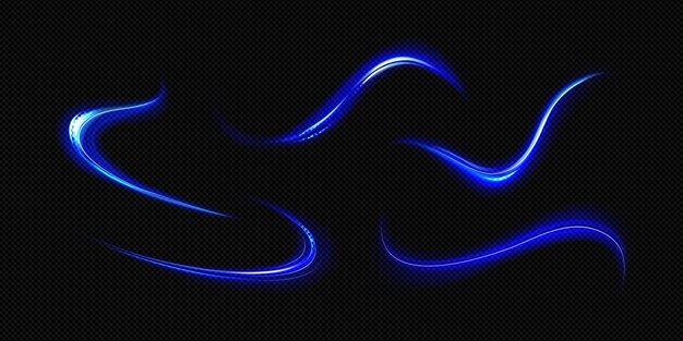 Efecto de líneas de luz azul de los senderos de movimiento de velocidad Rayas abstractas de movimiento de flash rápido brillo de neón borroso en el vector nocturno conjunto realista aislado en fondo transparente