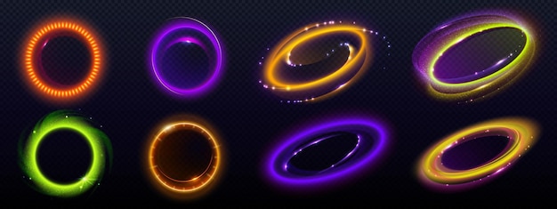 Efecto de luz de halo óptico con bengalas en formas circulares Ilustración vectorial realista conjunto de anillos y óvalos de brillo de neón Energía abstracta o marco circular mágico o portal Lente brillante