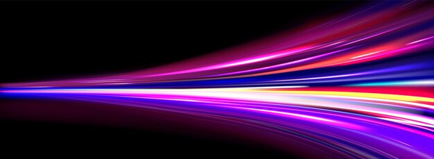 Efecto de luz de movimiento de velocidad rápida en fondo negro Vector ilustración realista de rastro de neón abstracto tecnología futurista red de comunicación moderna velocidad de energía rastro de tráfico nocturno