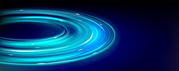Efecto de luz de neón de llamarada circular del anillo planetario en el espacio exterior Rastro de movimiento de velocidad con líneas brillantes azules aisladas en el fondo oscuro Ilustración vectorial realista