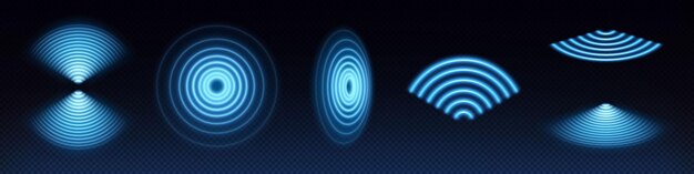 Efecto de luz de onda wifi 3d Sensor de radar de escaneo abstracto tecnología de señal de sonido señal digital Símbolo de círculo de neón transparente para monitoreo y protección inalámbricos Resplandor de anillo de frecuencia eléctrica azul