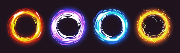 Vector gratuito efecto de luz de portal mágico aislado en fondo negro ilustración de dibujos animados vectoriales de círculos naranjas amarillos azules púrpuras con fuego hielo relámpago poder textura marco de teletransporte al mundo de fantasía