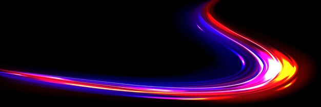 Efecto de movimiento de la velocidad de la luz del coche Rayas borrosas de tráfico de carretera de movimiento rápido con larga exposición en la noche Líneas de neón azules y rojas abstractas aisladas en ilustración realista de vector de fondo negro