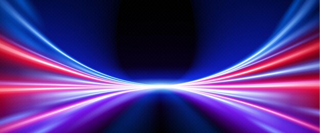 Efecto de movimiento de velocidad de la luz de fondo con línea azul y roja llamarada nocturna en la carretera para un movimiento rápido en la calle pista de carreras de neón con gradiente de desenfoque de color en la autopista patrón de velocidad de la red cibernética