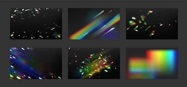 Efecto de reflejo de destello de lente de rayos de luz de arco iris de cristal o gema Conjunto de ilustraciones realistas vectoriales de efecto de fuga de luz con destello de lente de refracción de prisma de deslumbramiento de espectro