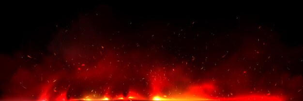 Efecto de superposición de fuego y brasa y fondo de humo Llama caliente de parrilla con partículas de chispas voladoras y ceniza en el infierno Tormenta de fuego festiva partículas quemadas vector textura de naturaleza panorámica con vapor y carbón