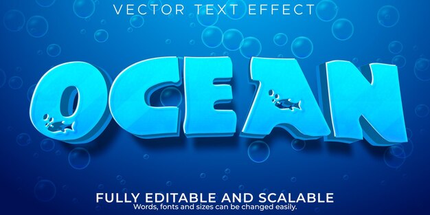 Efecto de texto de agua de océano, estilo de texto editable azul y líquido
