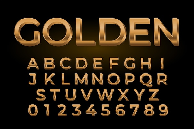 Efecto de texto brillante dorado premium conjunto de alfabetos y números