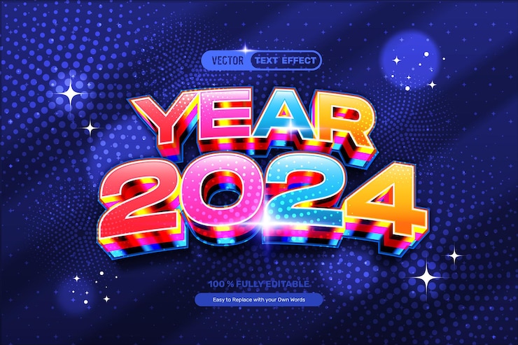 Vector gratuito efecto de texto colorido para el año nuevo 2024
