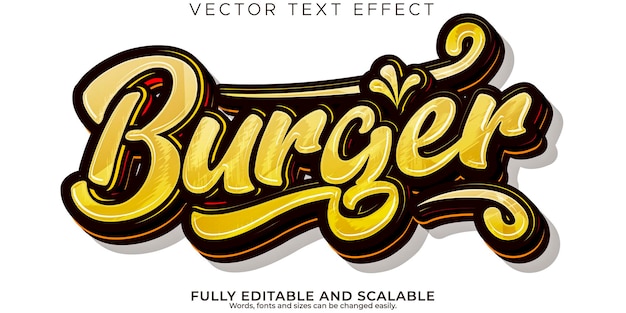 Vector gratuito efecto de texto de comida de hamburguesa estilo de fuente de tipografía de letras modernas editable