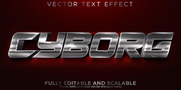 Vector gratuito efecto de texto cyborg estilo de texto metálico y héroe editable