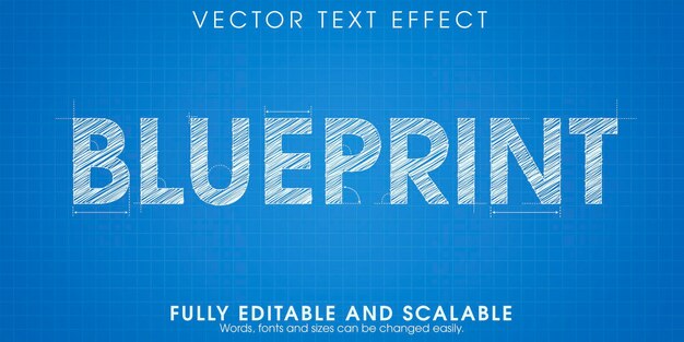 Efecto de texto de dibujo de planos, ingeniería editable y estilo de texto arquitectónico