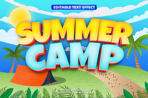 efecto de texto de dibujos animados en 3d moderno con ilustración de fondo de verano