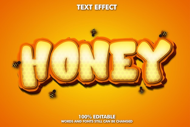 Vector gratuito efecto de texto editable de dibujos animados de miel con una abeja alrededor