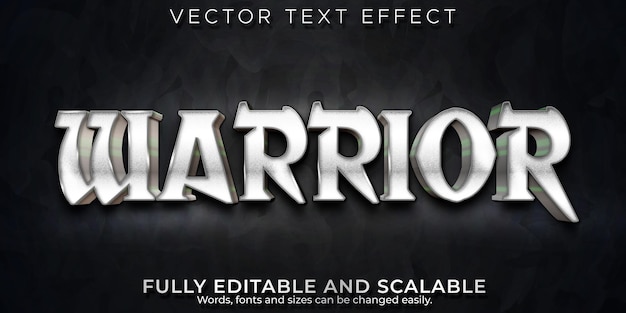 Efecto de texto editable de guerrero, estilo de texto metálico y brillante