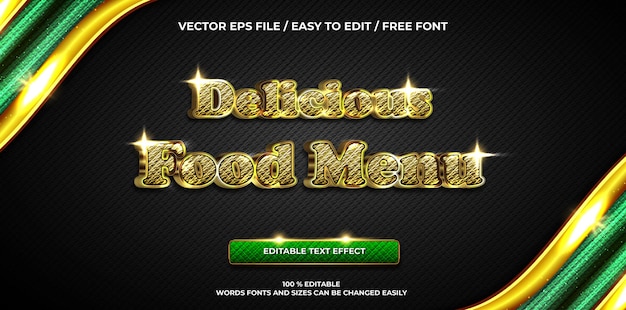 Efecto de texto editable de lujo menú de comida deliciosa estilo de texto 3d dorado