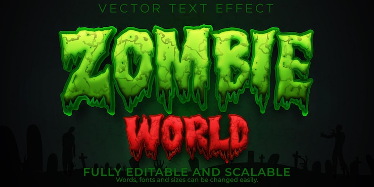 Vector gratuito efecto de texto editable zombie, estilo de fuente 3d evil y apocalipsis