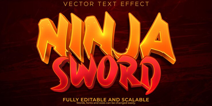 Vector gratuito efecto de texto de espada ninja guerrero editable y estilo de texto de dibujos animados