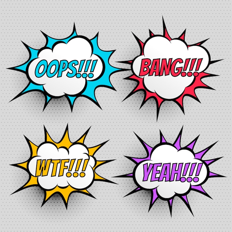 Vector gratuito efecto de texto de expresión de cómic conjunto de cuatro