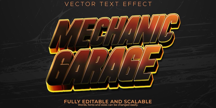 Vector gratuito efecto de texto de garaje estilo de texto de coche y mecánico editable