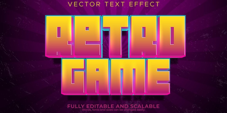 Vector gratuito efecto de texto de juego retro arcade editable y estilo de texto vintage