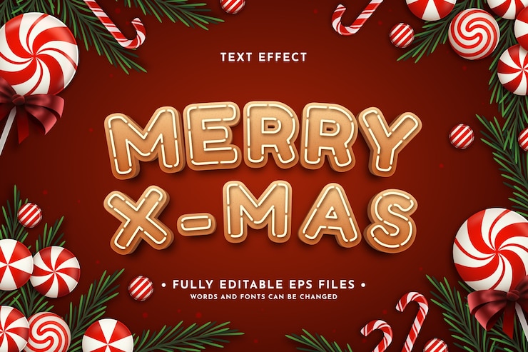 Vector gratuito efecto de texto navideño con caramelos.