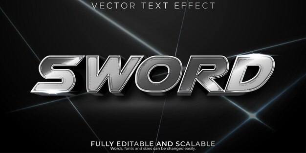 Efecto de texto plateado espada estilo de fuente metálico y brillante editable