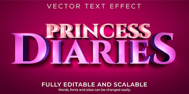 Efecto de texto princesa metálico, estilo de texto editable brillante y lindo