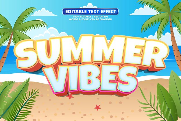 efecto de texto de vibraciones de verano con fondo de playa