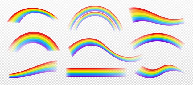 Efectos de arco iris aislados sobre fondo transparente. Vector conjunto de líneas coloridas onduladas, rectas y en forma de arco. Ilustración de fantasía de efecto de luz de espectro en el cielo después de la lluvia