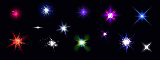 Efectos de brillo de color, luces de flash con destellos y rayos de brillo aislados sobre fondo negro. Conjunto realista de vector de resplandor brillante, destello de estrella blanco, rojo, azul y arco iris con rayos brillantes y brillo
