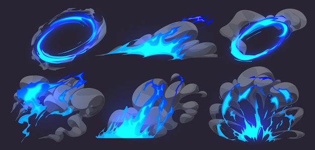 Efectos cómicos con nubes de fuego y humo de explosión de bomba hechizo mágico explosión juego 2d elementos vfx de explosión con llama azul y humo aislado en ilustración de dibujos animados de vector de fondo
