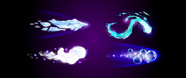Efectos de golpe de poder mágico establecidos aislados en un fondo oscuro Ilustración de dibujos animados vectoriales de pedazos de hielo Nube blanca de burbujas de lavandería de vapor Agua azul clara Rutas de flecha de impacto Símbolos de frescura