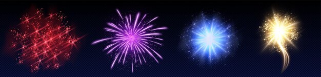 Efectos de luz de fuegos artificiales establecidos en transparente