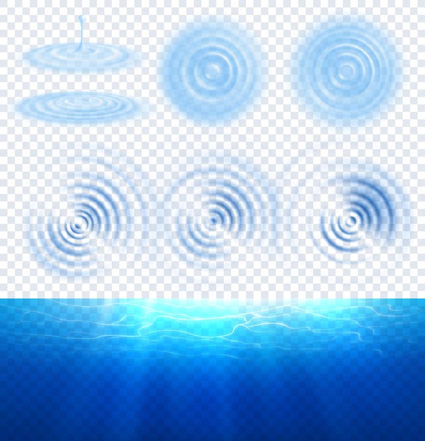 Efectos de ondas de agua conjunto de iconos realistas vista superior y de lado con fondo transparente