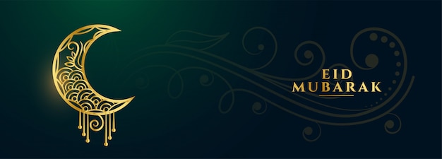 Eid mubarak banner con luna dorada decorativa