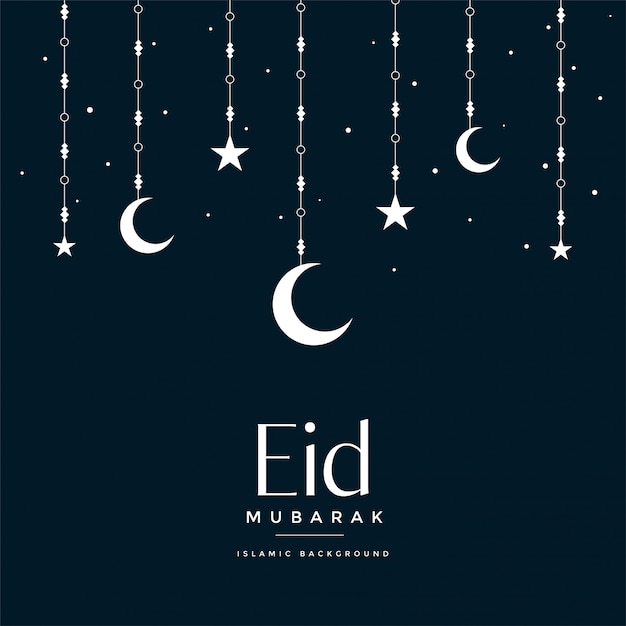 Eid mubarak colgando luna y estrellas de saludo