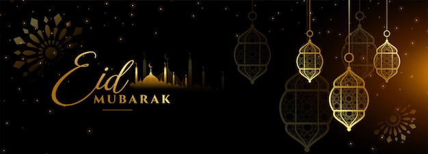 Eid mubarak diseño de banner de festival negro y dorado