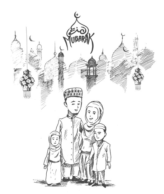 Eid Mubarak Festival musulmán Familia musulmana Bosquejo Ilustración vectorial