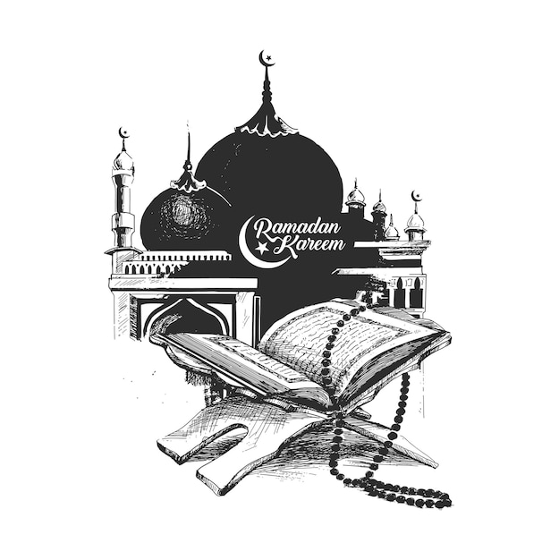 Eid Mubarak El libro sagrado del Corán en el stand Ilustración de vector de boceto dibujado a mano