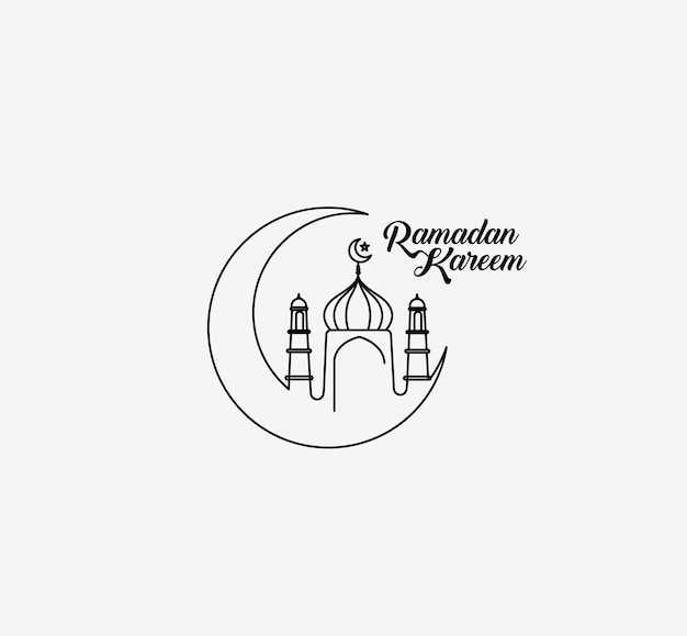 Eid Mubarak Line Art Caligrafía Letrado elegante Ramadán Kareem Texto Luna con la mezquita Ilustración vectorial