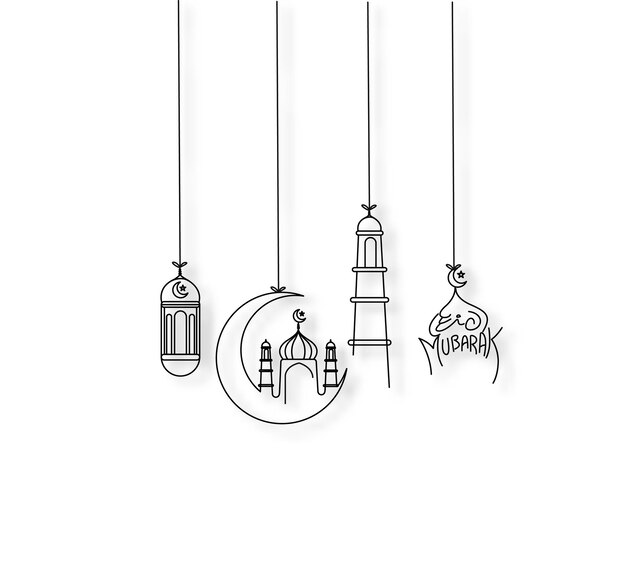 Eid Mubarak Línea Arte Caligrafía Elegante Letras Ramadan Kareem Texto Luna con Mezquita Vector ilustración